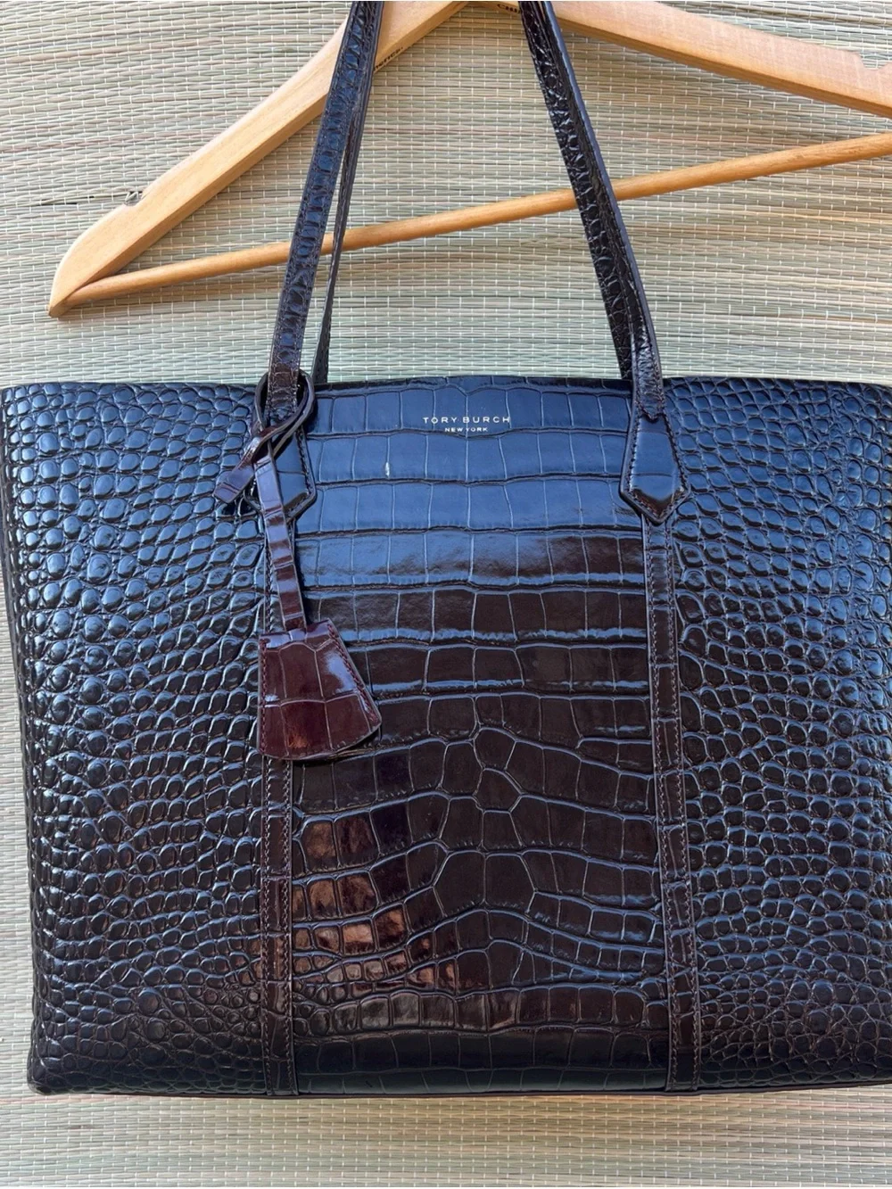 Tory Burch Perry Croc Embossed Three Compartment Tote Bag Leather Brown
